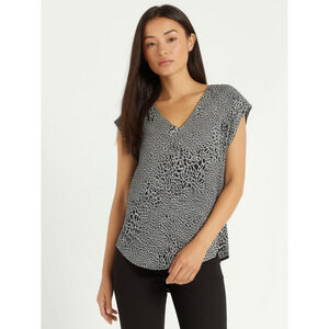 EXPRESS Womens Blouse S P Black Grey Animal Print V Neck Cap Sleeve Curved Hem